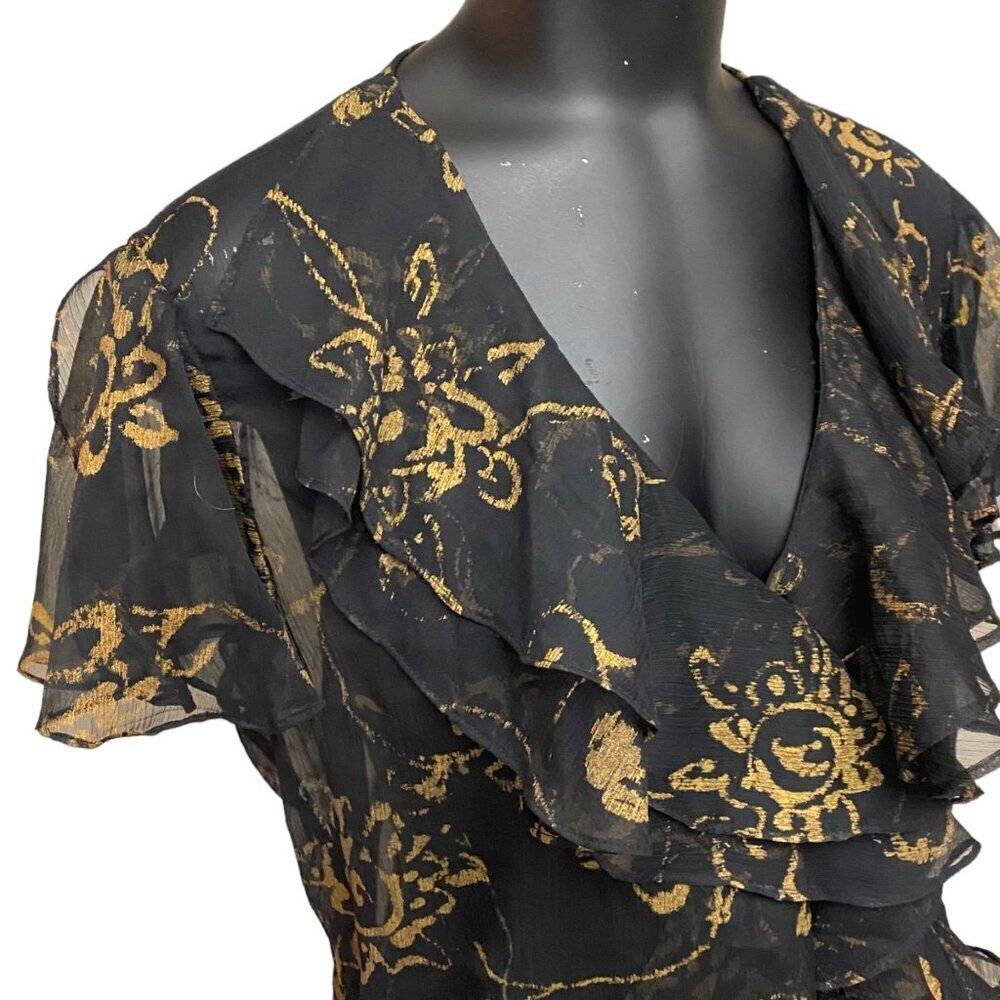 Lauren Ralph Lauren Black Chiffon Gold Floral Print Wrap Top Size 12 - Picture 6 of 7